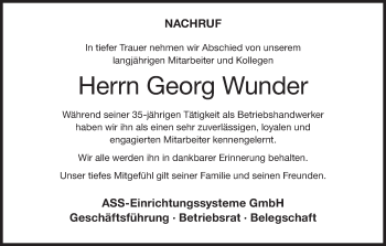 Anzeige von Georg Wunder von MGO