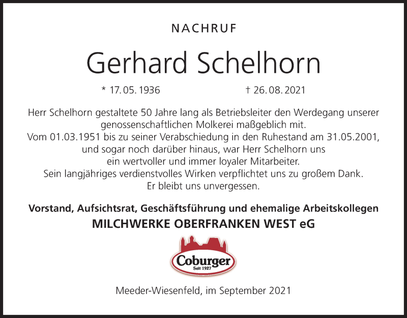  Traueranzeige für Gerhard Schelhorn vom 09.09.2021 aus MGO