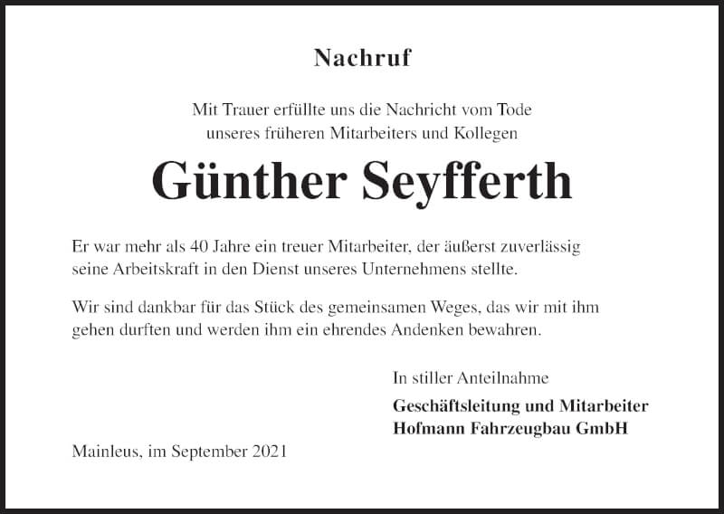  Traueranzeige für Günther Seyfferth vom 18.09.2021 aus MGO