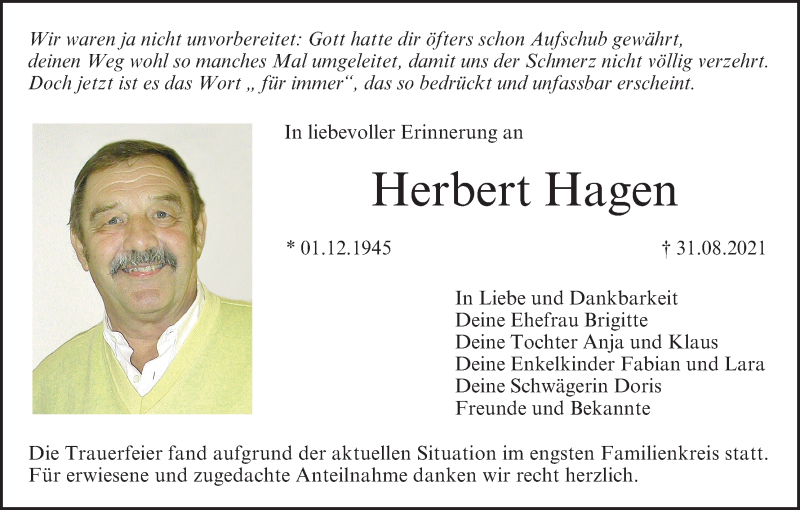  Traueranzeige für Herbert Hagen vom 11.09.2021 aus MGO