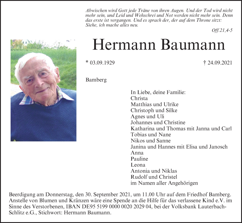  Traueranzeige für Hermann Baumann vom 28.09.2021 aus MGO