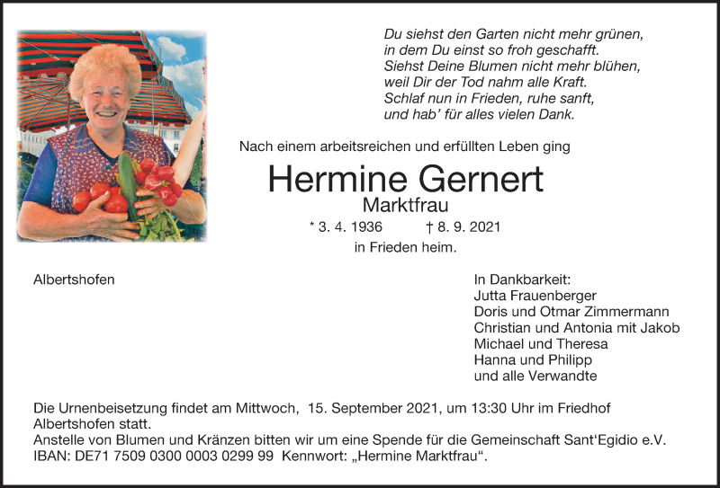  Traueranzeige für Hermine Gernert vom 11.09.2021 aus MGO