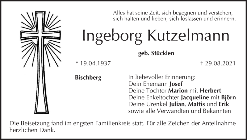  Traueranzeige für Ingeborg Kutzelmann vom 04.09.2021 aus MGO