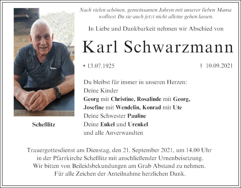  Traueranzeige für Karl Schwarzmann vom 18.09.2021 aus MGO