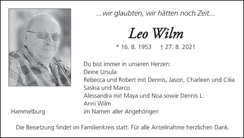  Traueranzeige für Leo Wilm vom 04.09.2021 aus MGO