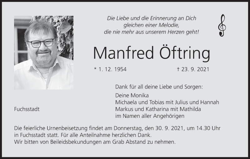  Traueranzeige für Manfred Öftring vom 28.09.2021 aus MGO