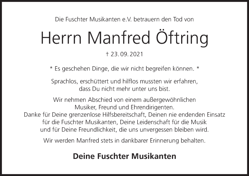  Traueranzeige für Manfred Öftring vom 29.09.2021 aus MGO