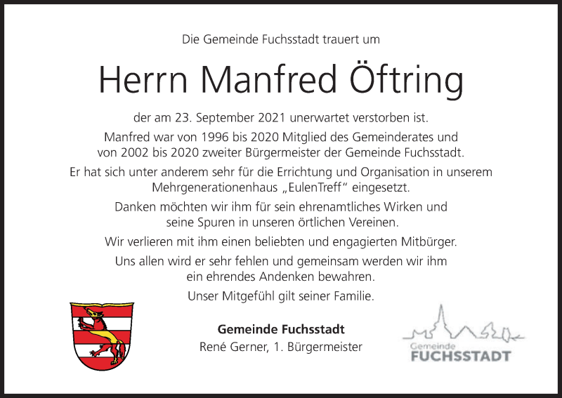  Traueranzeige für Manfred Öftring vom 29.09.2021 aus MGO