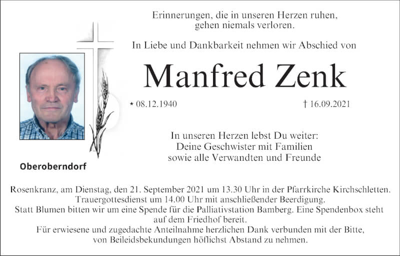  Traueranzeige für Manfred Zenk vom 18.09.2021 aus MGO