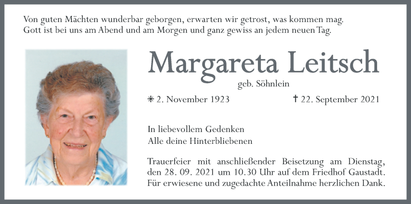  Traueranzeige für Margareta Leitsch vom 25.09.2021 aus MGO