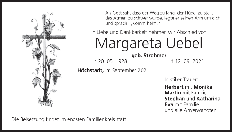  Traueranzeige für Margareta Uebel vom 14.09.2021 aus MGO