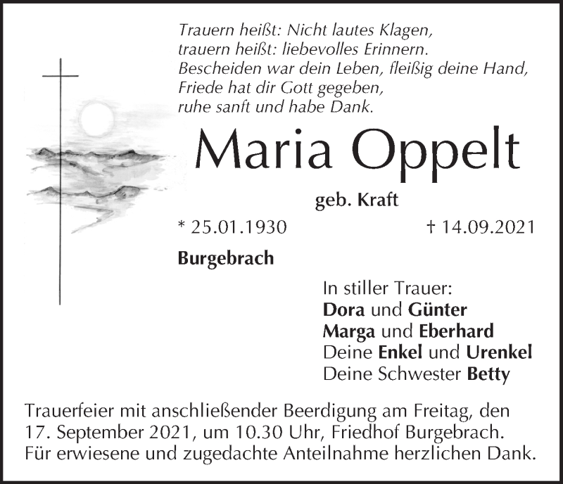  Traueranzeige für Maria Oppelt vom 15.09.2021 aus MGO