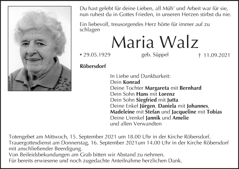  Traueranzeige für Maria Walz vom 14.09.2021 aus MGO