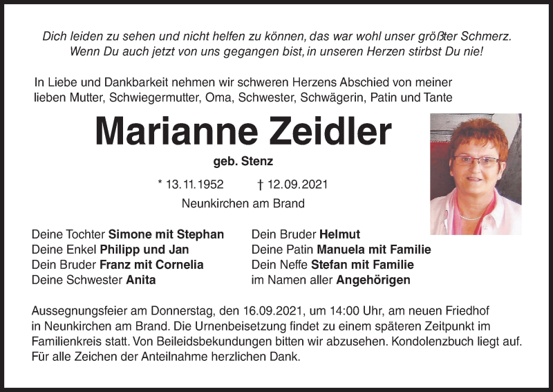  Traueranzeige für Marianne Zeidler vom 15.09.2021 aus MGO