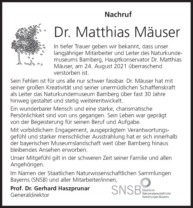  Traueranzeige für Matthias Mäuser vom 04.09.2021 aus MGO