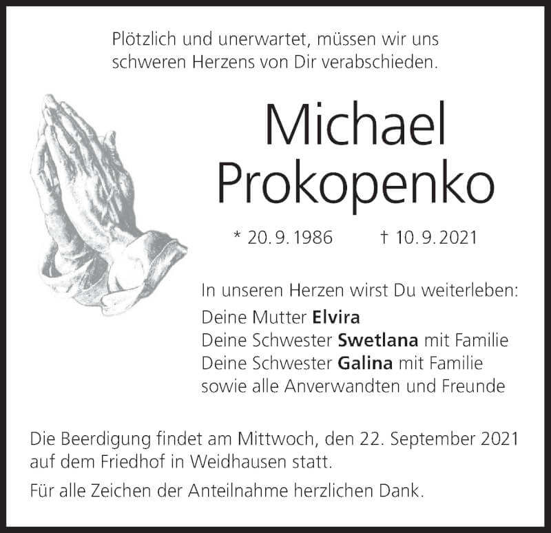  Traueranzeige für Michael Prokopenko vom 18.09.2021 aus MGO