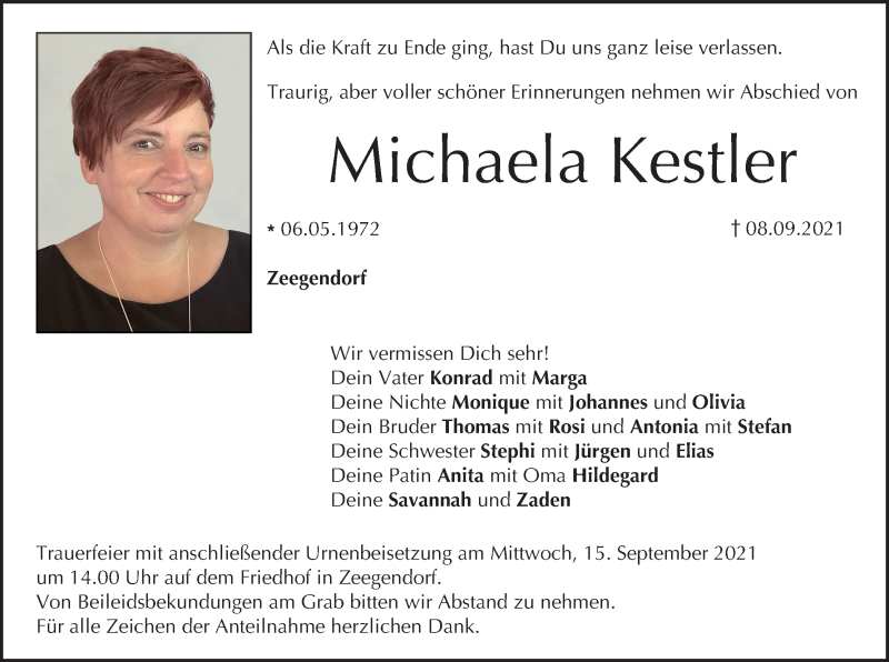  Traueranzeige für Michaela Kestler vom 11.09.2021 aus MGO