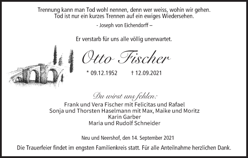  Traueranzeige für Otto Fischer vom 14.09.2021 aus MGO
