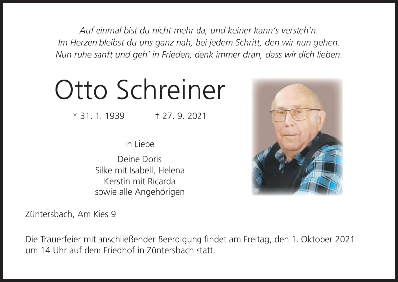  Traueranzeige für Otto Schreiner vom 29.09.2021 aus MGO