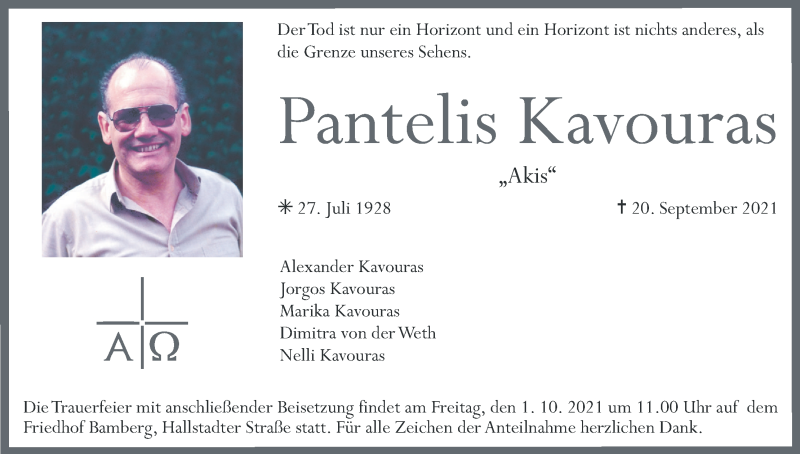  Traueranzeige für Pantelis Kavouras vom 25.09.2021 aus MGO