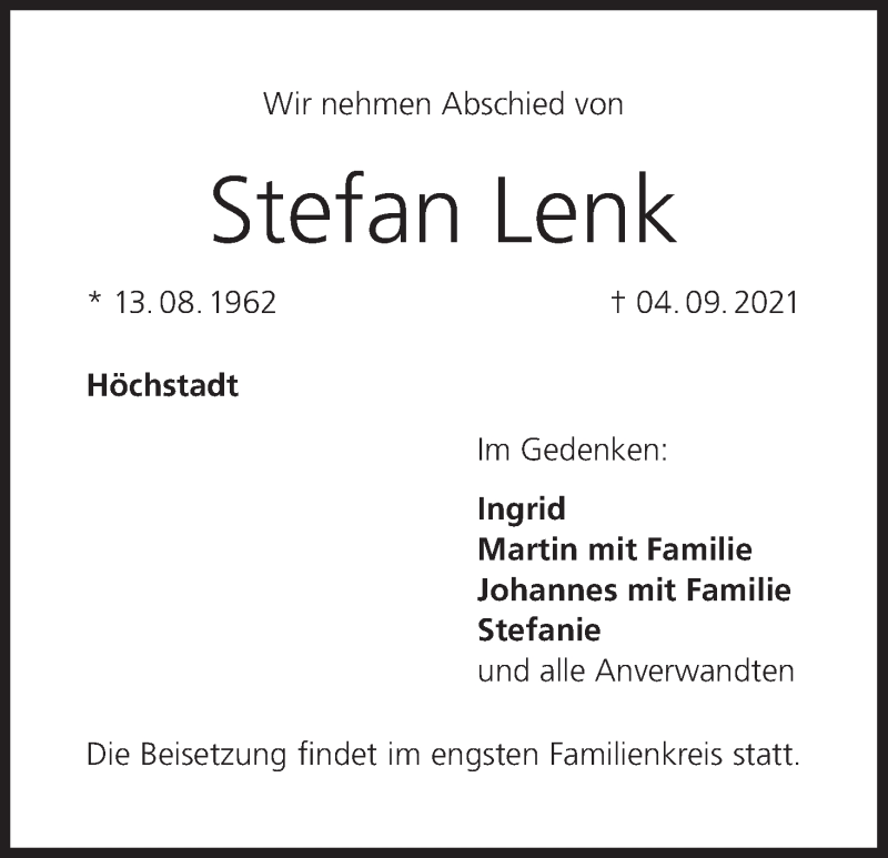  Traueranzeige für Stefan Lenk vom 08.09.2021 aus MGO