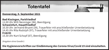 Anzeige von Totentafel vom 09.09.2021 von MGO