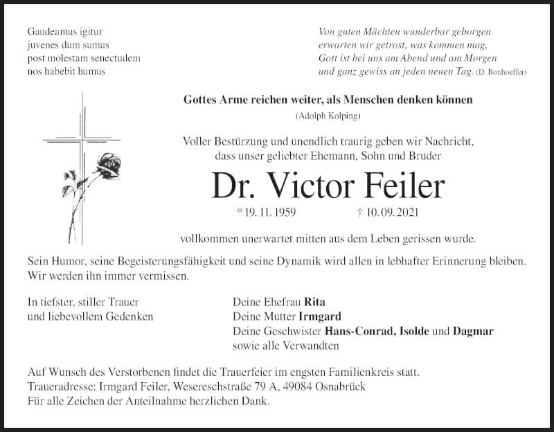  Traueranzeige für Victor Feiler vom 18.09.2021 aus MGO