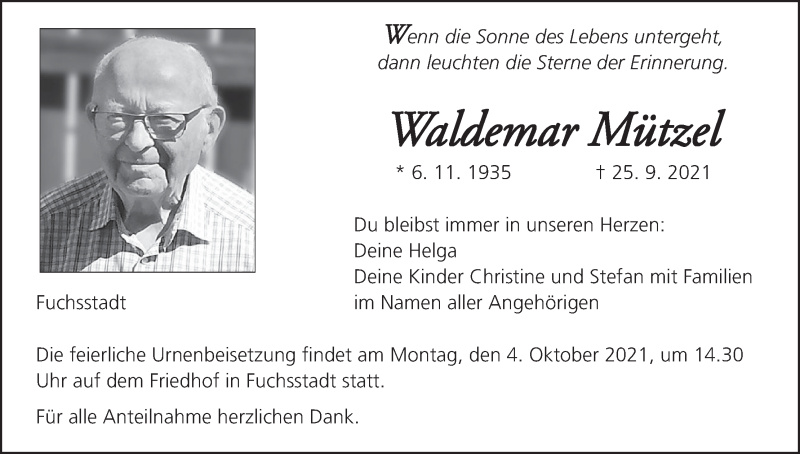  Traueranzeige für Waldemar Mützel vom 28.09.2021 aus MGO