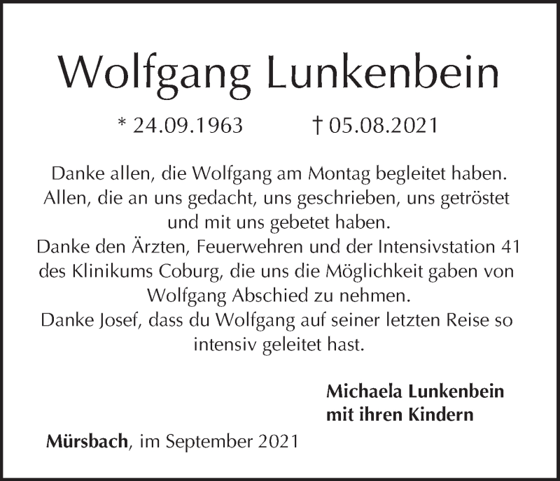  Traueranzeige für Wolfgang Lunkenbein vom 11.09.2021 aus MGO