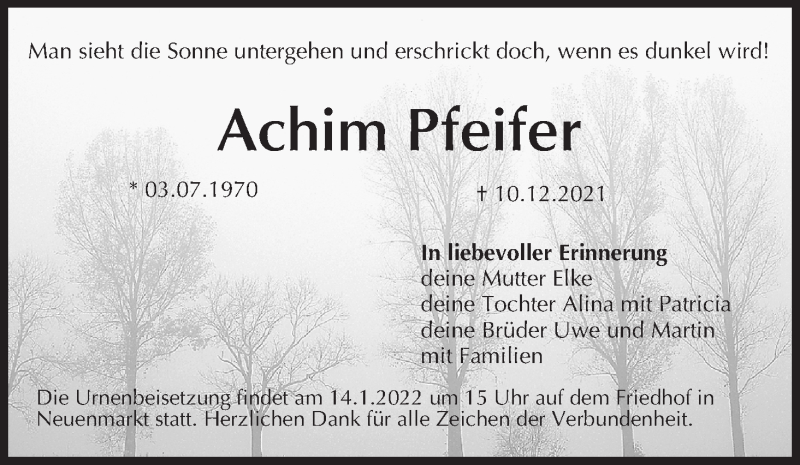  Traueranzeige für Achim Pfeifer vom 08.01.2022 aus MGO