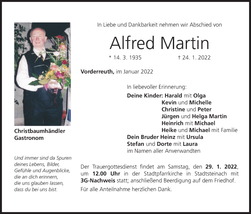  Traueranzeige für Alfred Martin vom 27.01.2022 aus MGO