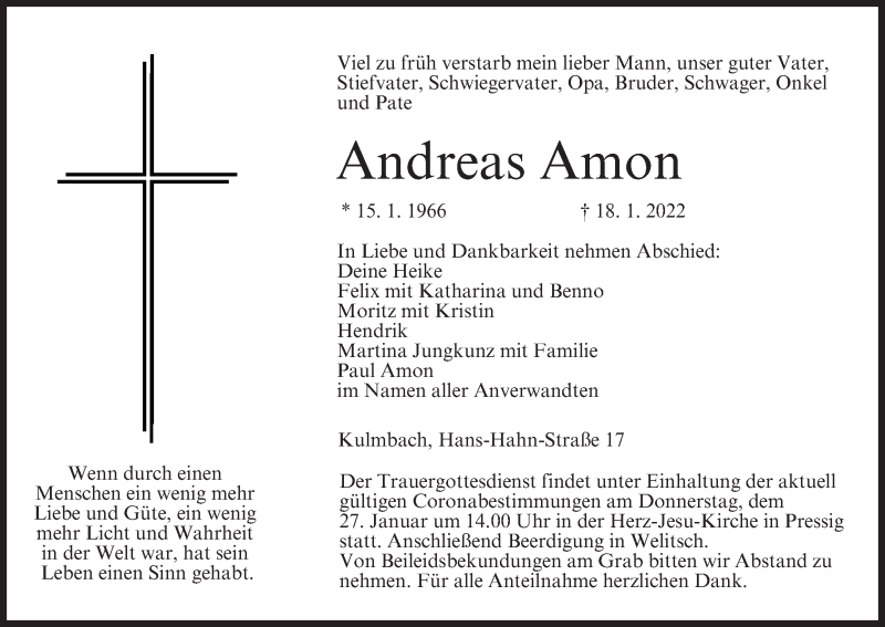  Traueranzeige für Andreas Amon vom 25.01.2022 aus MGO