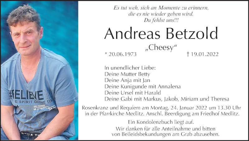  Traueranzeige für Andreas Betzold vom 22.01.2022 aus MGO