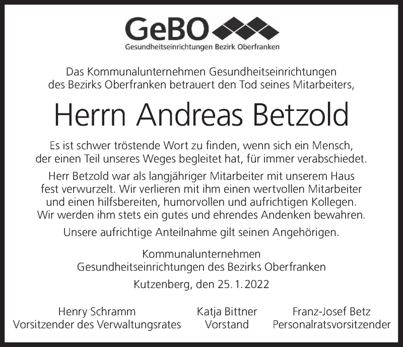  Traueranzeige für Andreas Betzold vom 25.01.2022 aus MGO