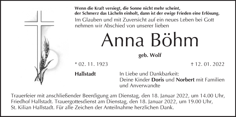  Traueranzeige für Anna Böhm vom 15.01.2022 aus MGO