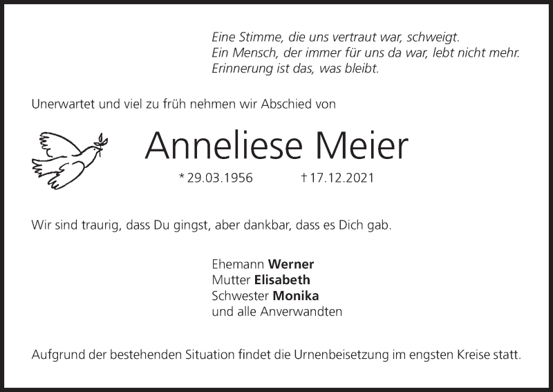 Anneliese Meier | Traueranzeige | trauer.inFranken.de