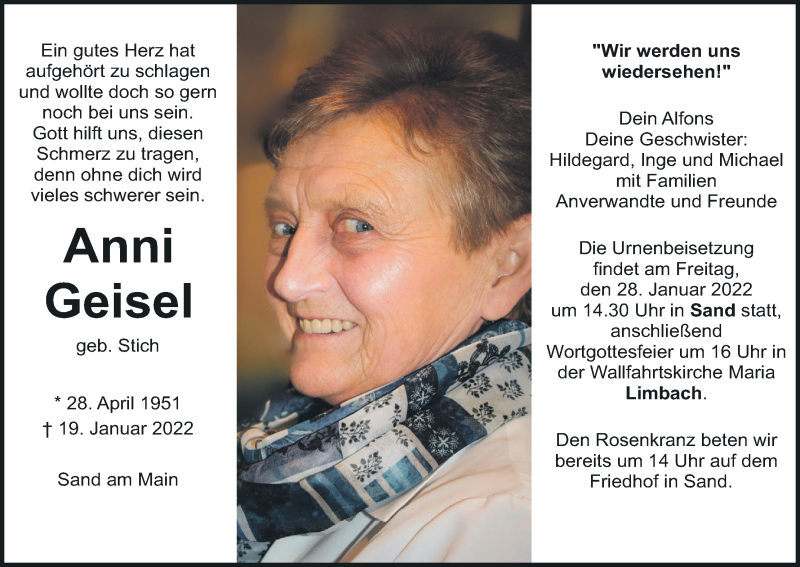  Traueranzeige für Anni Geisel vom 26.01.2022 aus MGO