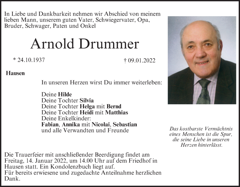  Traueranzeige für Arnold Drummer vom 12.01.2022 aus MGO
