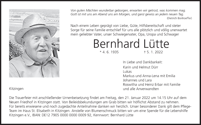  Traueranzeige für Bernhard Lütte vom 15.01.2022 aus MGO