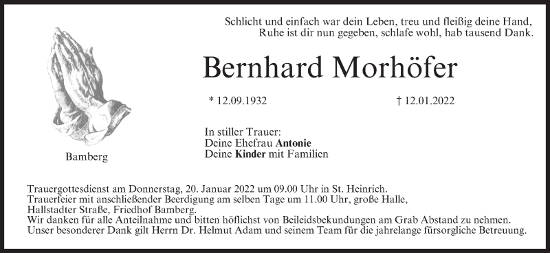  Traueranzeige für Bernhard Morhöfer vom 15.01.2022 aus MGO