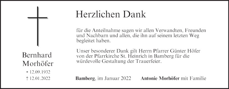  Traueranzeige für Bernhard Morhöfer vom 22.01.2022 aus MGO
