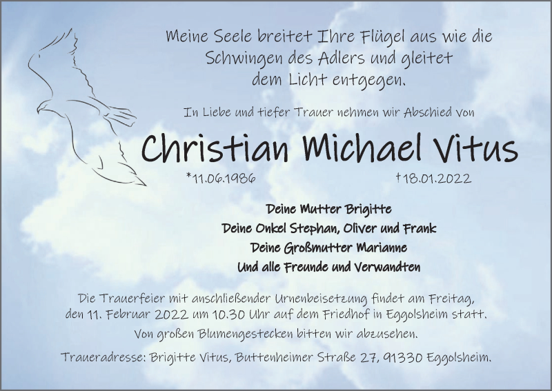  Traueranzeige für Christian Michael Vitus vom 29.01.2022 aus MGO