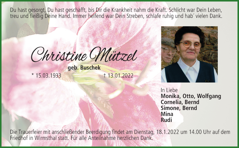  Traueranzeige für Christine Mützel vom 15.01.2022 aus MGO