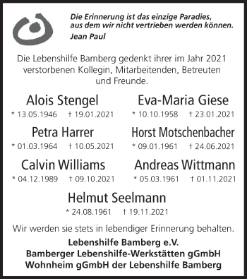Anzeige von Die Lebenshilfe Bamberg gedenkt von MGO
