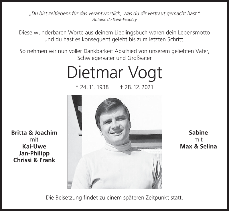  Traueranzeige für Dietmar Vogt vom 08.01.2022 aus MGO