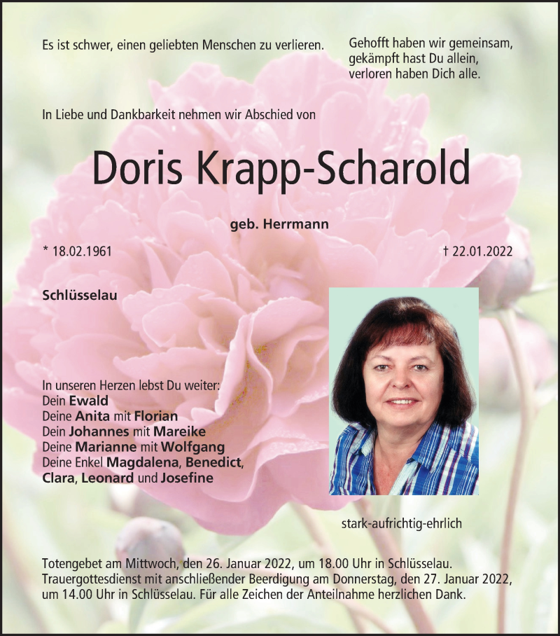  Traueranzeige für Doris Krapp-Scharold vom 25.01.2022 aus MGO