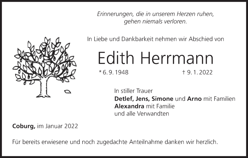  Traueranzeige für Edith Herrmann vom 15.01.2022 aus MGO