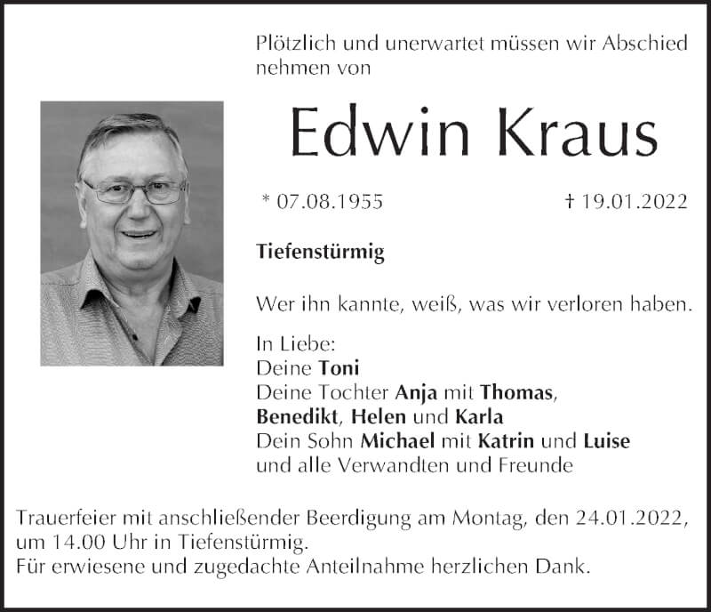  Traueranzeige für Edwin Kraus vom 22.01.2022 aus MGO