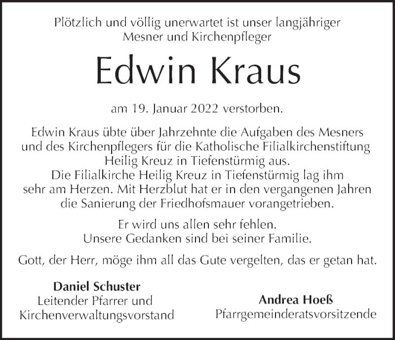  Traueranzeige für Edwin Kraus vom 22.01.2022 aus MGO