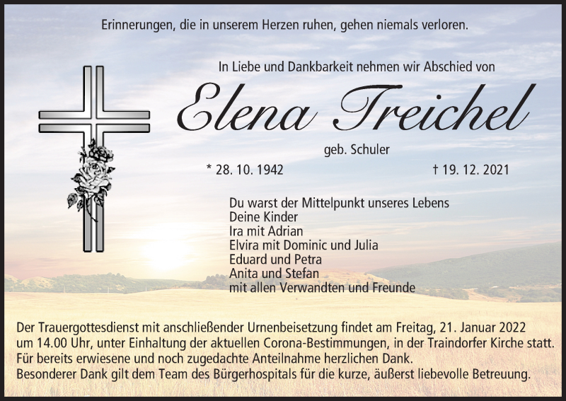  Traueranzeige für Elena Treichel vom 15.01.2022 aus MGO